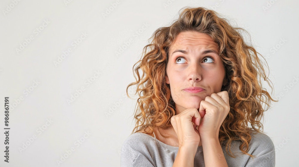A woman expresses hesitation and ambiguity against a light backdrop. A woman expresses hesitation and ambiguity against a light backdrop.