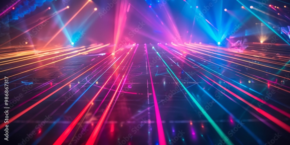Naklejka premium Colorful laser lights creating vibrant streaks and patterns in a dark setting, with beams of red, blue, green, and purple adding energy and excitement to the scene