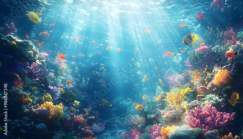 A dreamy underwater scene with schools of colorful fish, corals, and rays of sunlight penetrating through the water’s surface