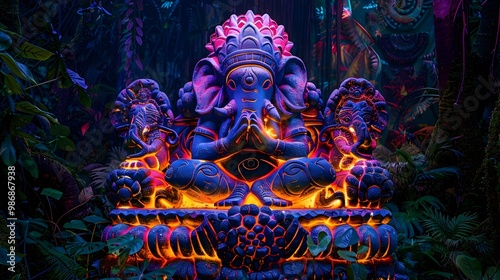 Ethereal Hindu Deity Sculpture Amid Lush Tropical Jungle Backdrop,Cosmic Consciousness Symbolism