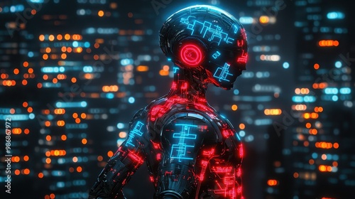 Futuristic Cyborg Robot With Glowing Lights In City Background