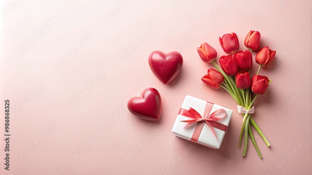 Red Tulips, Hearts, and Gift Box on Pink Background Red Tulips, Hearts, and Gift Box on Pink Background