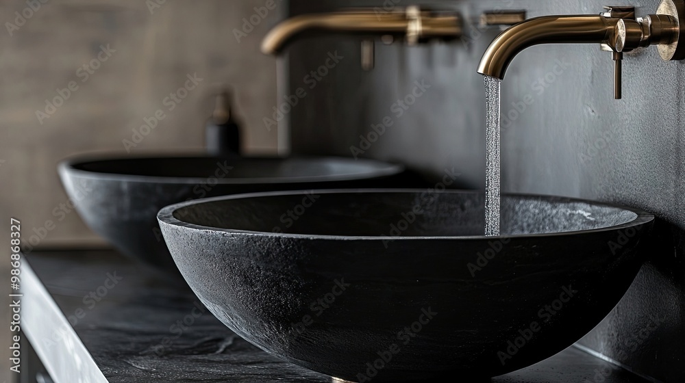 Dramatic black stone sink with a matte finish, emphasizing modern design and sophistication in a bathroom or kitchen setting.