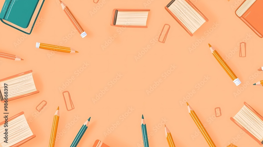 A flat lay composition of books and pencils on a peach background, creating a frame. A flat lay composition of books and pencils on a peach background, creating a frame.