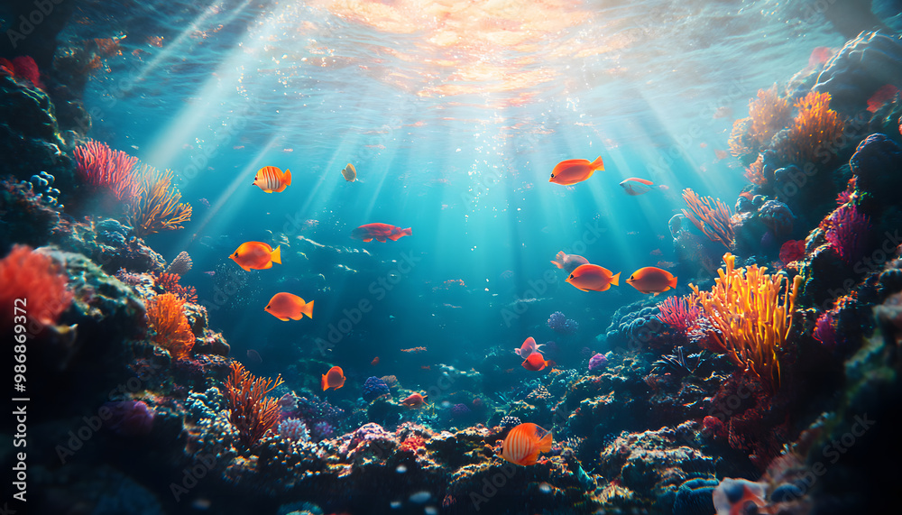 A dreamy underwater scene with schools of colorful fish, corals, and rays of sunlight penetrating through the water’s surface A dreamy underwater scene with schools of colorful fish, corals, and rays of sunlight penetrating through the water’s surface