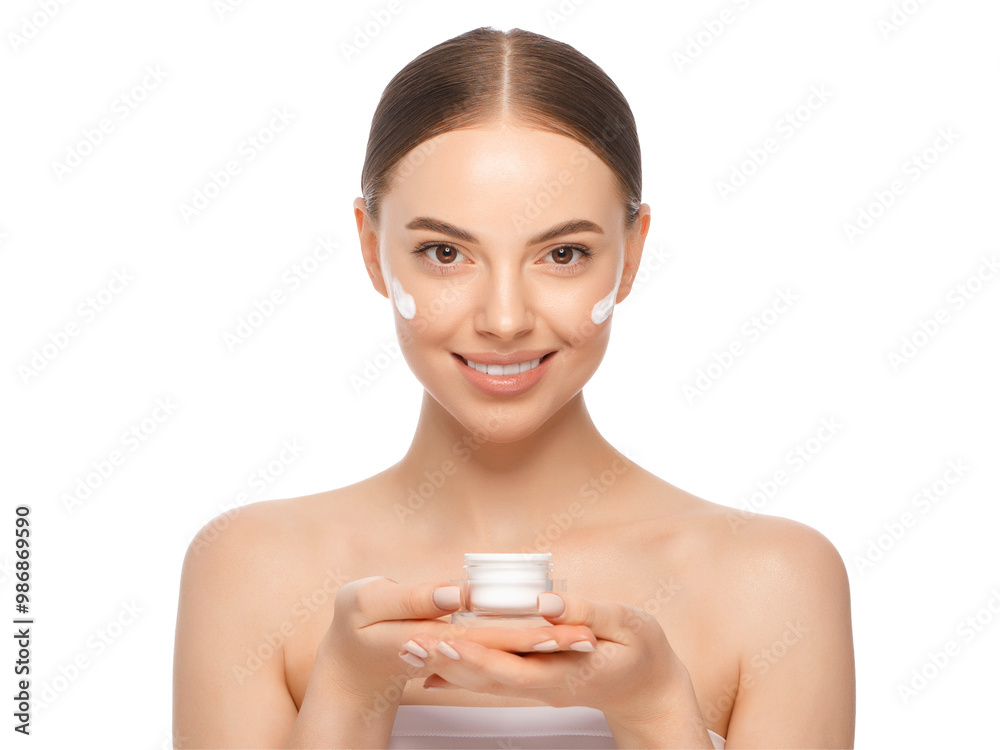 Εκτύπωση καμβά Portrait of young attractive female holding face cream jar