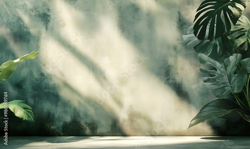 Shadow of tropical palm leaves on white wall