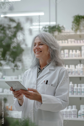 A beautiful female pharmacist in the workplace.