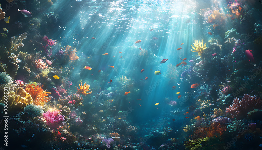 A dreamy underwater scene with schools of colorful fish, corals, and rays of sunlight penetrating through the water’s surface A dreamy underwater scene with schools of colorful fish, corals, and rays of sunlight penetrating through the water’s surface