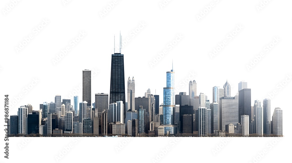Chicago skyline isolated on a transparent background, showcasing the city's iconic buildings and architecture. Chicago skyline isolated on a transparent background, showcasing the city's iconic buildings and architecture.