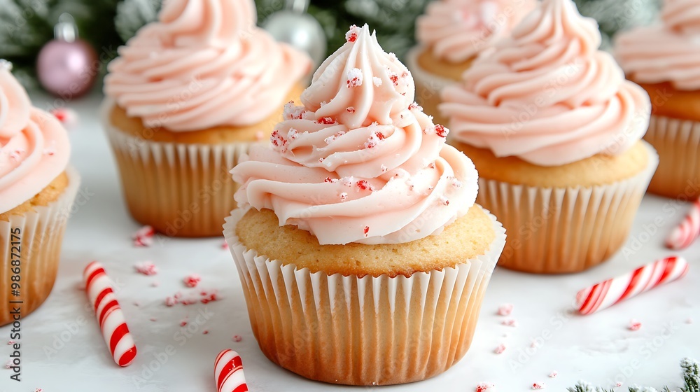 Close-up of pink peppermint cupcakes with candy cane sprinkles and candy canes. Close-up of pink peppermint cupcakes with candy cane sprinkles and candy canes.