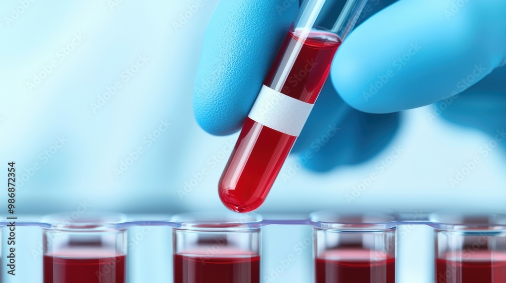 Blood sample testing for leukemia diagnosis Close-up of a gloved hand holding a blood sample in a test tube for hemoglobin typing, used in leukemia diagnosis and medical research Blood sample testing for leukemia diagnosis Close-up of a gloved hand holding a blood sample in a test tube for hemoglobin typing, used in leukemia diagnosis and medical research