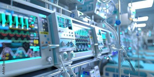 Detailed image of life support machines and ventilators in a hospital room, with visible digital interfaces, alarms, and tubing, emphasizing the complexity of intensive care equipment