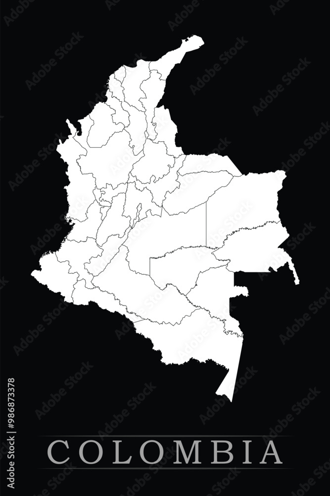 Obraz premium White political maps of Colombia isolated on black background.