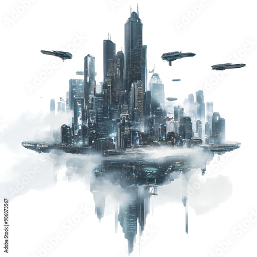 A city of the future with skyscrapers, flying cars in futuristic attire on a transparent background
