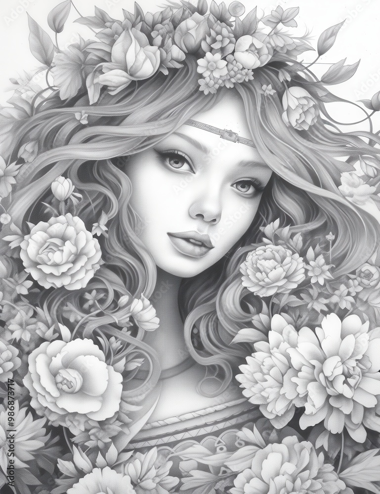 A detailed sketch of a woman surrounded by lush flowers, exuding a natural and ethereal beauty, capturing the essence of femininity and nature. A detailed sketch of a woman surrounded by lush flowers, exuding a natural and ethereal beauty, capturing the essence of femininity and nature.