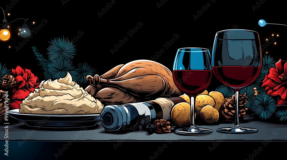 Festive Dinner Table with Roast Chicken and Wine Festive Dinner Table with Roast Chicken and Wine