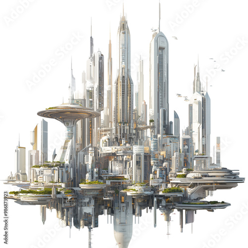 A city of the future with skyscrapers, flying cars in futuristic attire on a transparent background