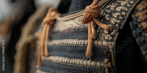 A detailed close-up of traditional samurai armor displaying craftsmanship and intricate design elements.