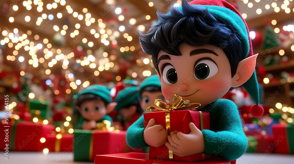 Cute Elf Holding a Christmas Present in a Festive Scene Cute Elf Holding a Christmas Present in a Festive Scene