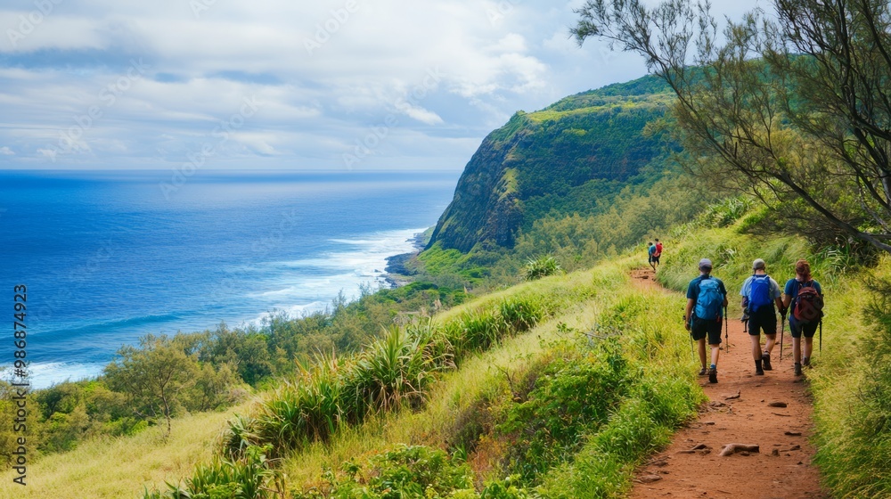 Tourists exploring a scenic hiking trail on Hawaii Island with ocean views Tourists exploring a scenic hiking trail on Hawaii Island with ocean views