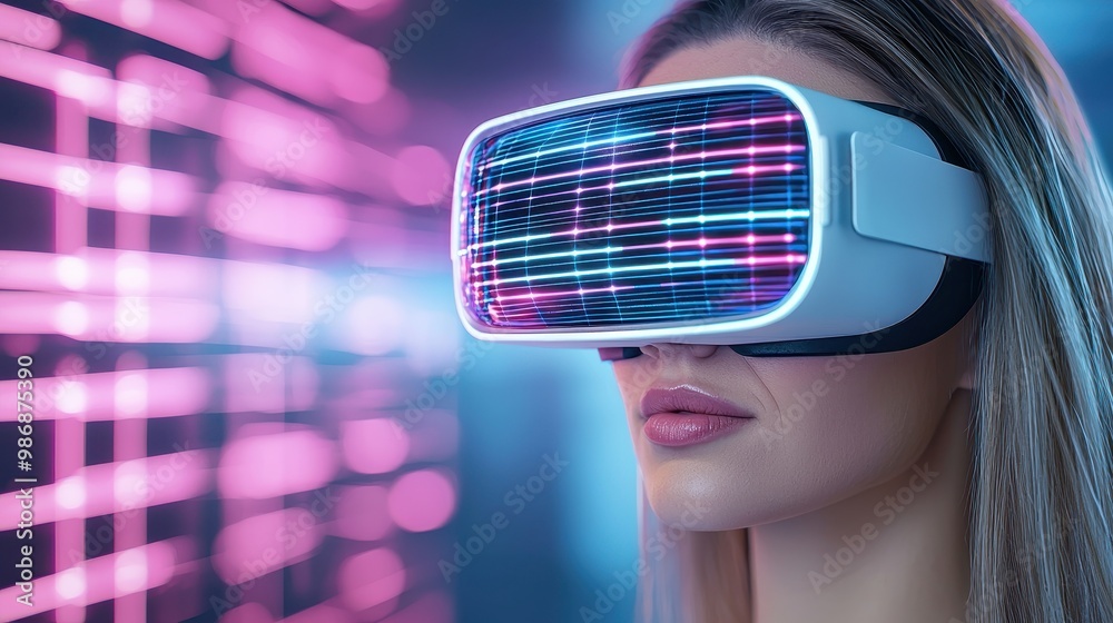 Woman Using Virtual Reality Headset with Neon Lights Woman Using Virtual Reality Headset with Neon Lights