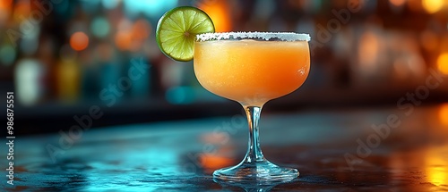 Closeup of a margarita cocktail with a lime wedge. photo