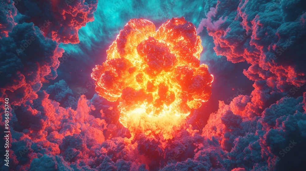 Fototapeta premium Energetic 3D Render of Nuclear Fission Explosion in Vivid Colors