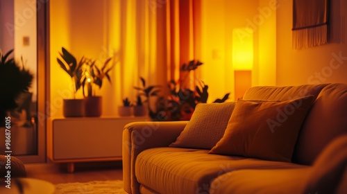 Yellow aesthetic room with soft lighting, cozy and warm, photo