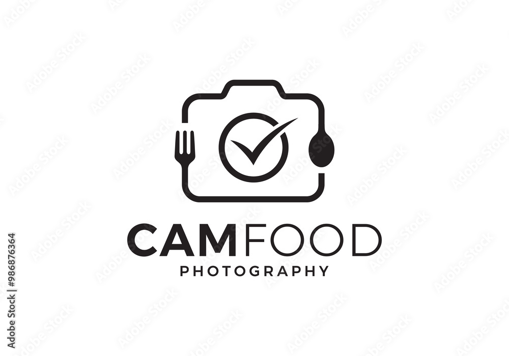 Obraz premium camera with fork spoon logo. check food photography concept design template