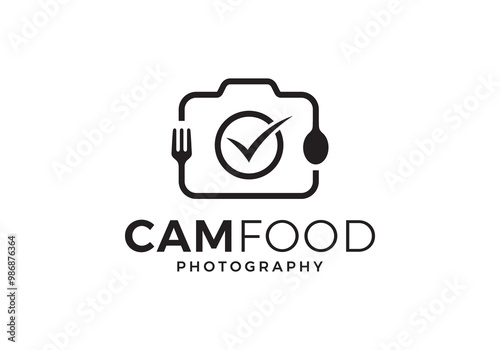 camera with fork spoon logo. check food photography concept design template