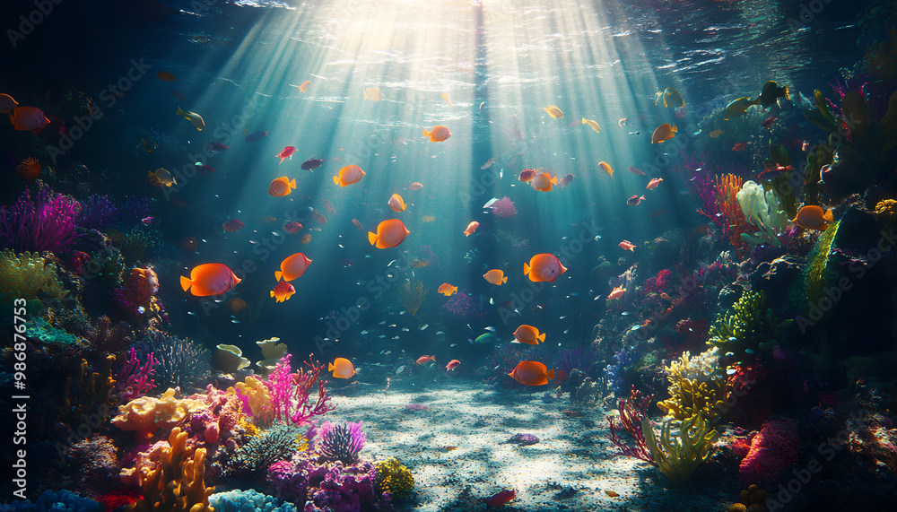 Obraz premium A dreamy underwater scene with schools of colorful fish, corals, and rays of sunlight penetrating through the water’s surface