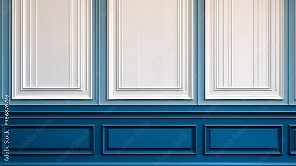 Close-up view of classic wainscot wood decoration featuring a retro blue and white wall panel.