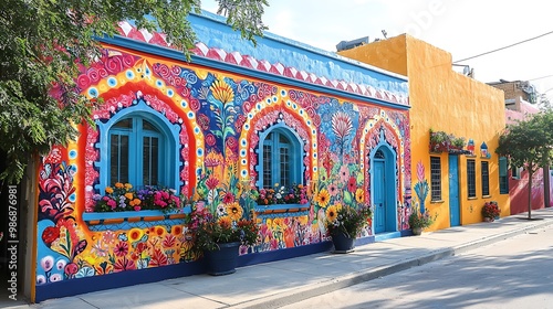 Colorful houses with vibrant floral murals on the facade in a sunny street. photo