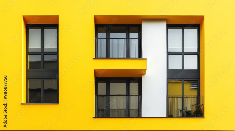 Fototapeta premium Yellow facade with large windows, minimalistic architecture,