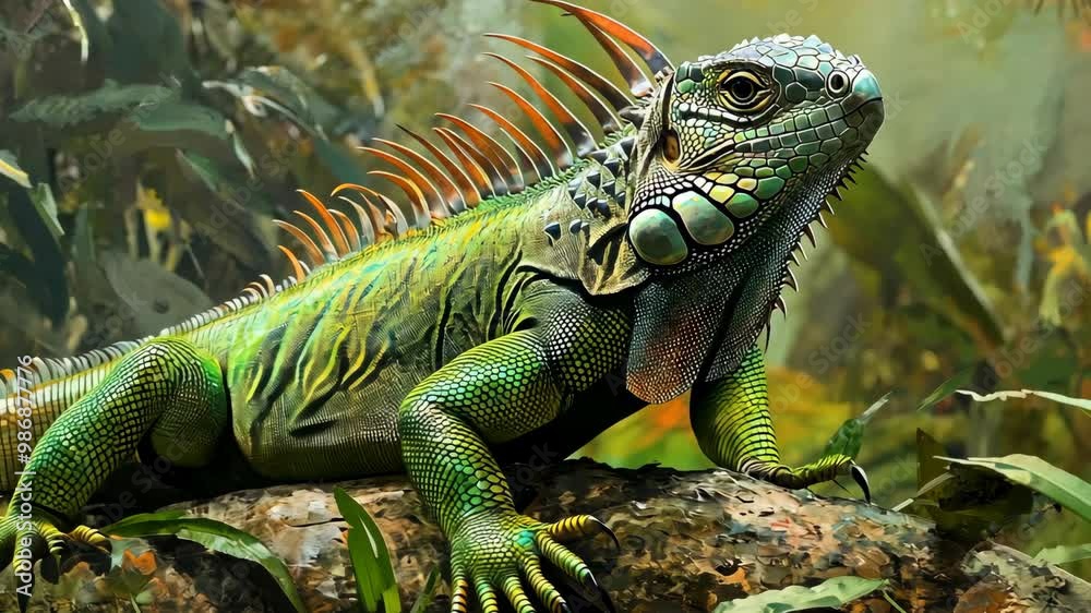 Green iguana resting on a log in a vibrant tropical rainforest during the day