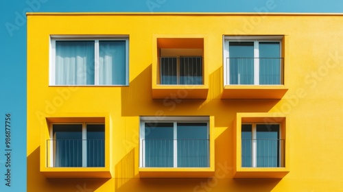 Yellow facade with large windows, minimalistic architecture,