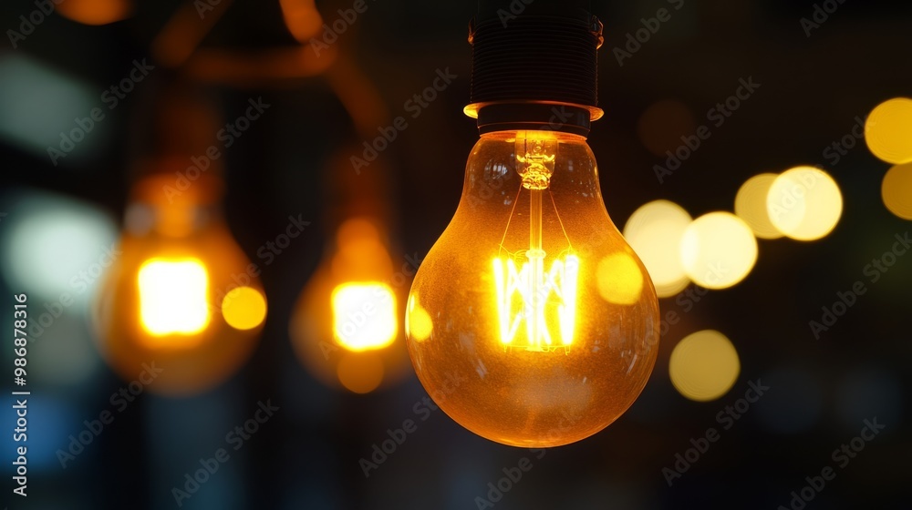 Yellow light bulbs hanging from a ceiling, warm and cozy,