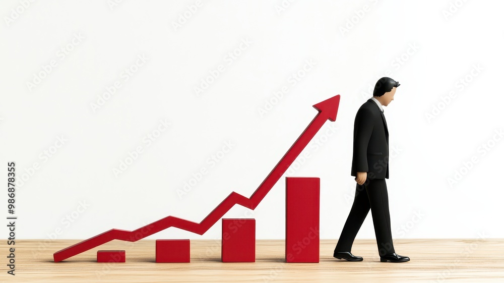 A businessman walking towards a rising graph on a white background, symbolizing growth and success. A businessman walking towards a rising graph on a white background, symbolizing growth and success.
