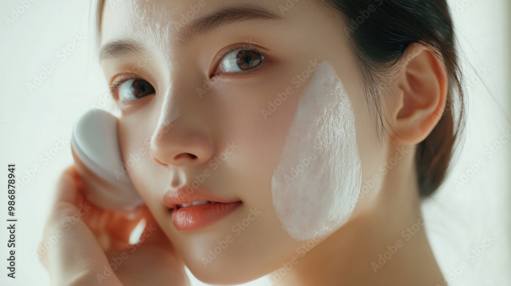 Close-up of a young Asian woman massaging her skin with a facial tool, focusing on lifting and firming. Close-up of a young Asian woman massaging her skin with a facial tool, focusing on lifting and firming.