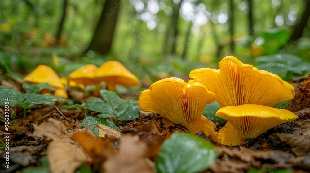 Yellow mushrooms growing on a forest floor, close-up nature, Yellow mushrooms growing on a forest floor, close-up nature,