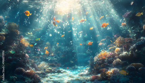 A dreamy underwater scene with schools of colorful fish, corals, and rays of sunlight penetrating through the water’s surface