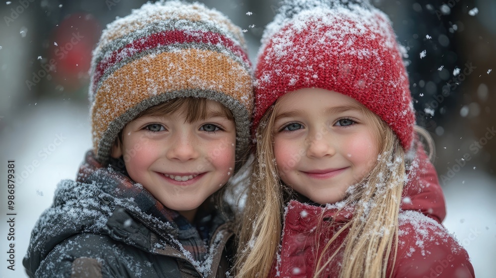 Two happy children lying down and enjoying winter snow day Two happy children lying down and enjoying winter snow day