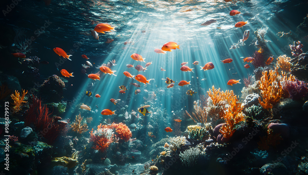 A dreamy underwater scene with schools of colorful fish, corals, and rays of sunlight penetrating through the water’s surface A dreamy underwater scene with schools of colorful fish, corals, and rays of sunlight penetrating through the water’s surface