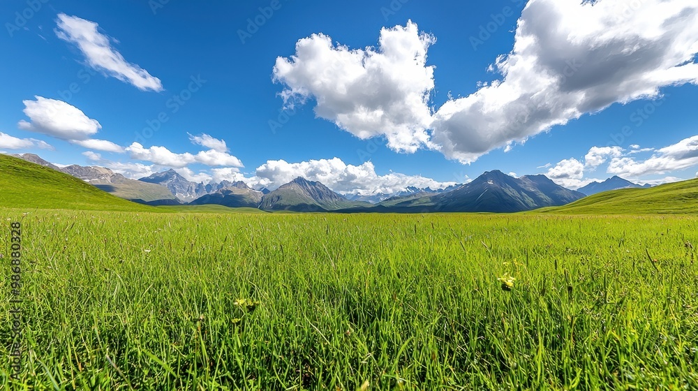 Fototapeta premium Expansive Green Meadow Under Blue Sky with Clouds
