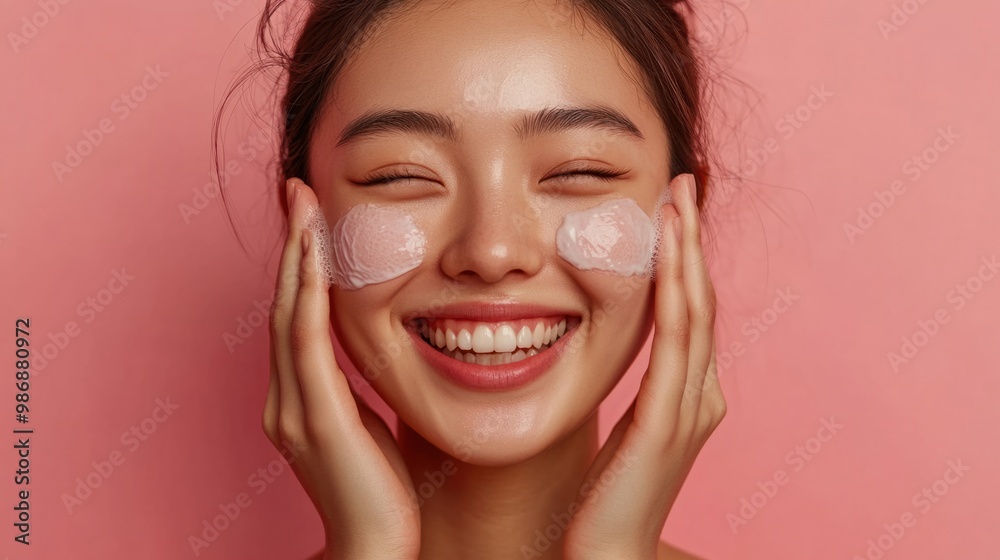 Young Asian woman with a radiant smile, gently patting her face with a toner-soaked cotton pad after cleansing. Young Asian woman with a radiant smile, gently patting her face with a toner-soaked cotton pad after cleansing.