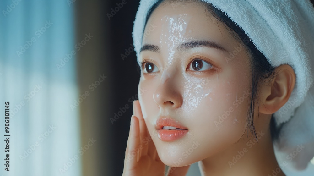 Young Asian woman with a towel wrapped around her hair, applying a moisturizing face cream after a shower. Young Asian woman with a towel wrapped around her hair, applying a moisturizing face cream after a shower.