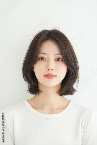 Portrait of a Young Woman with Layered Haircut in Minimalist White Outfit.