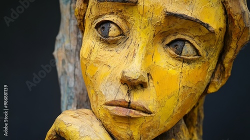 Yellow wooden sculpture in folk art style, rustic and detailed,