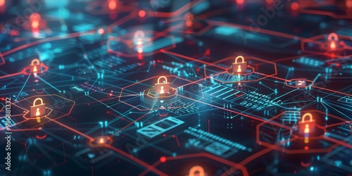 Detailed visual representation of cybersecurity frameworks and regulations, with interconnected grids and icons like locks and shields, illustrating the complexity of security standards